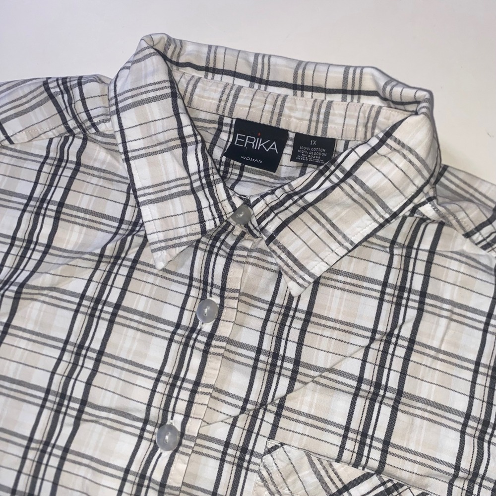 Erika Woman Plaid Button Down Shirt Plus 1X Cotton Roll Tab Short Sleeve Cream